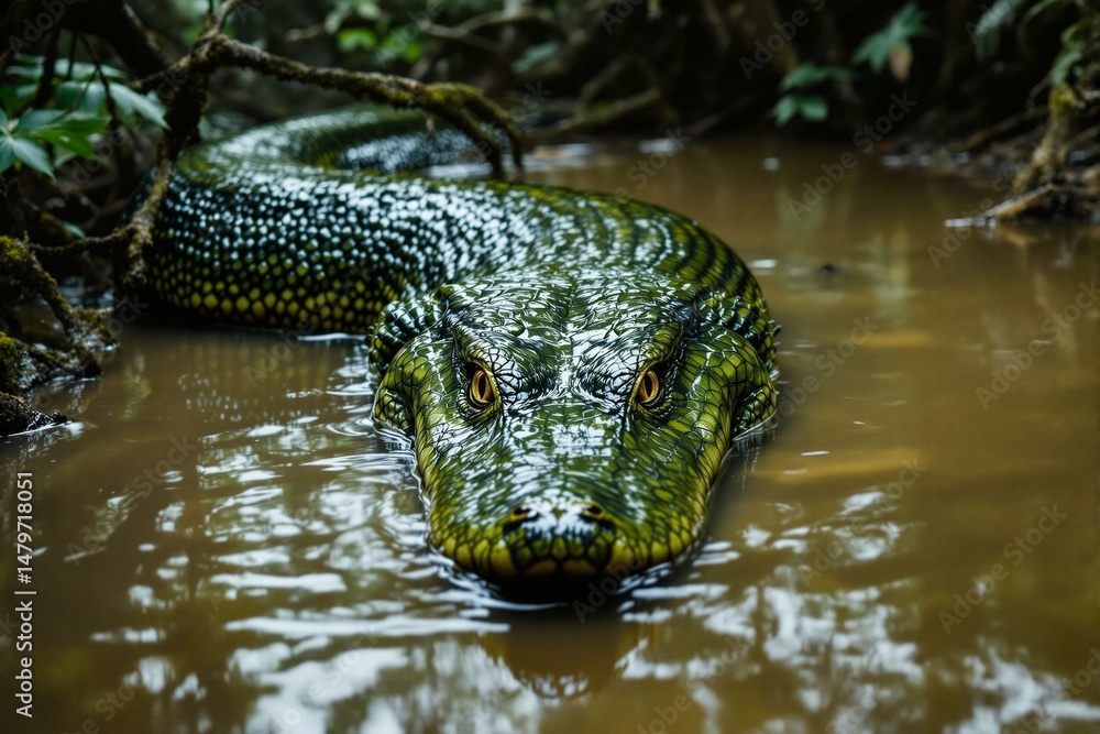 Fototapeta premium Anaconda em rio turvo na floresta amazônica, Brasil. Imagem gerada por inteligência artificial