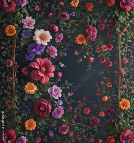 Intricate floral tapestry, jewel-toned blooms, swirling vines , floral wallpaper, elegant, regal