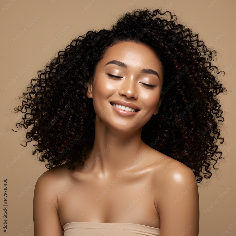 Portrait of a beautiful woman with curly hair and glowing skin smiling gently with eyes closed. Portrait of a beautiful woman with curly hair and glowing skin smiling gently with eyes closed.