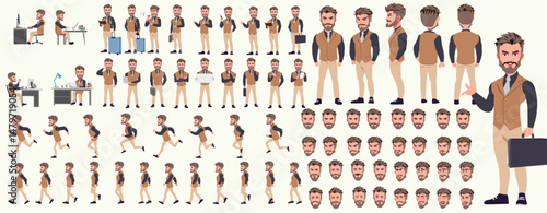 Man Character design. Front, side, back view and explainer animation poses. Character set with lip sync and facial expressions of Happy, angry, sad, Joy with Side walk cycle animation sequence sprite 