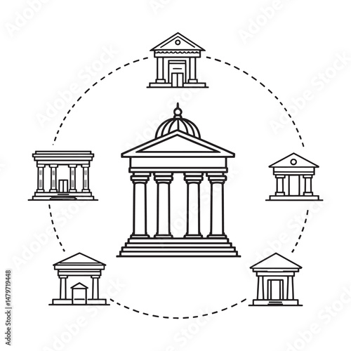 Modern Bank Architecture Outline Drawing for Branding