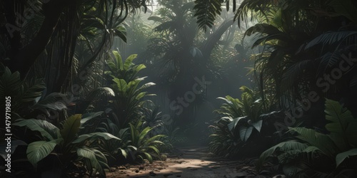Intricate dark tropical leaves, vines, and shadows create a mysterious, lush jungle scene , dense, wild