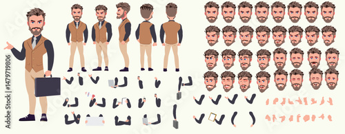 Man Character design. Front, side, back view and explainer animation poses. Character set with lip sync and facial expressions of Happy, angry, sad, Joy with Side walk cycle animation sequence sprite 