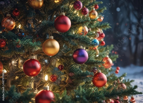 Vibrant baubles adorn a glowing Christmas tree, winter scene ,  red,  lights,  backdrop
