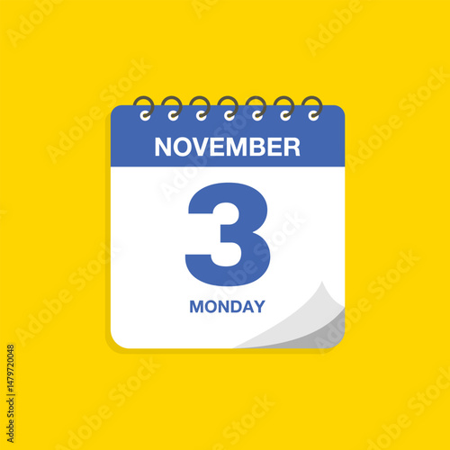 Day calendar with date November 3. Calendar icon vector. Business meeting schedule date sign, event calendar reminder, appointment date symbol, page calendar agenda planner sign, deadline template.