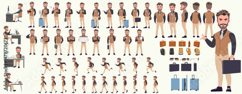 Man Character design. Front, side, back view and explainer animation poses. Character set with lip sync and facial expressions of Happy, angry, sad, Joy with Side walk cycle animation sequence sprite 