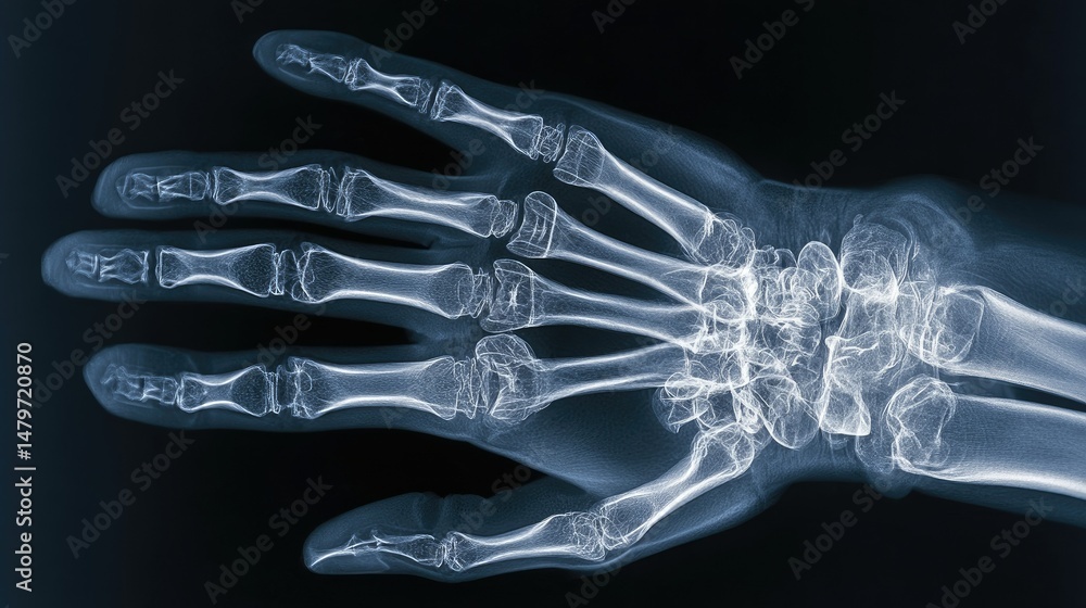 Naklejka premium Pediatric hand and wrist X-ray showing developing growth plates and smaller bones, labeled anatomy view