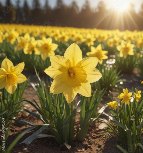 Glistening daffodil petals, sunny field, vibrant yellow hues , daffodil bloom, flower petals