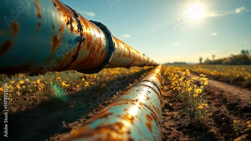 Pipes Running Through Field with Yellow Flowers Under Bright Sunlight