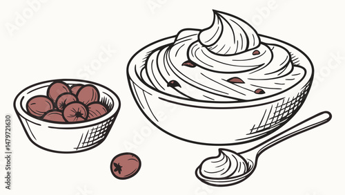 Vector Creamy sour cream in bowl with side of fresh berries, perfect for enhancing dishes or enjoying as dip