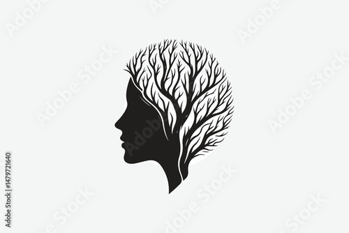 a tree with branches forming a human face, symbolizing nature and humanity, minimal design