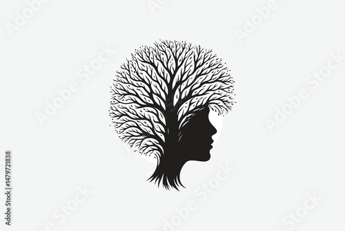 a tree with branches forming a human face, symbolizing nature and humanity, minimal design