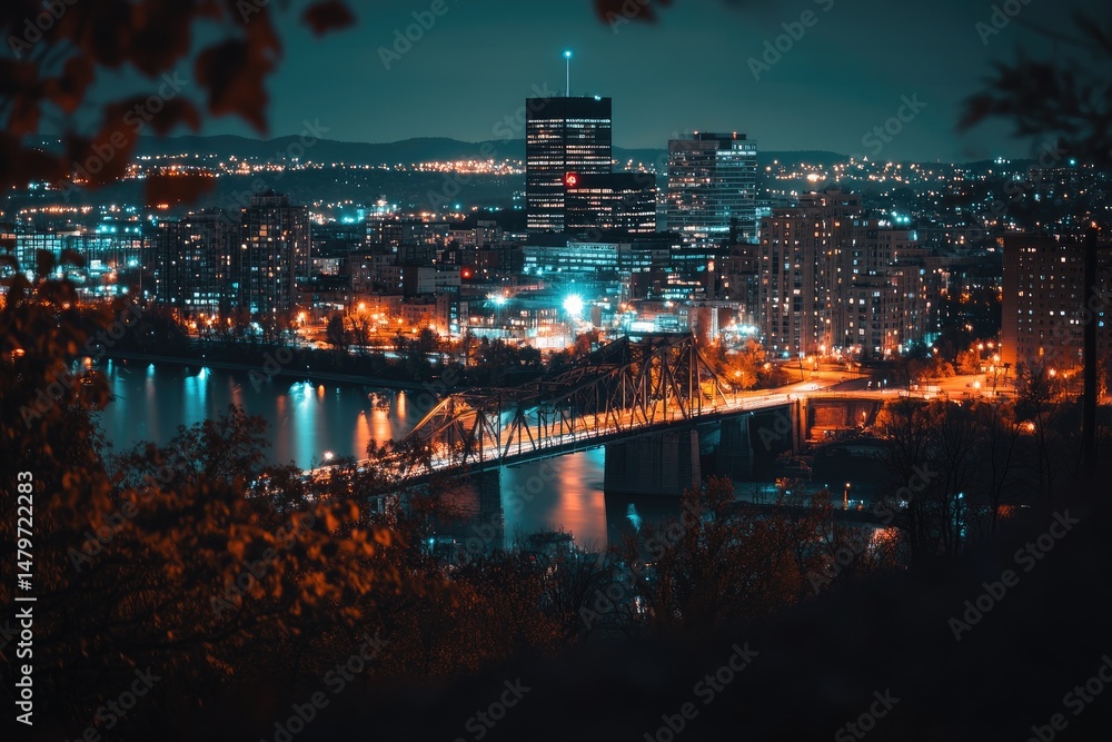 Fototapeta premium Panoramic view of the cityscape of Montreal, Canada, with hills and a bridge across a river. The hill has some buildings on it. It's nighttime.