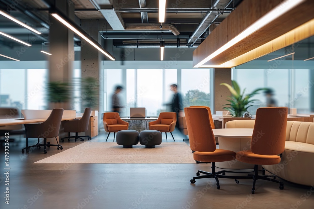 Stylish Collaborative Workspace with Blurred Background and Elegant Furnishings Stylish Collaborative Workspace with Blurred Background and Elegant Furnishings