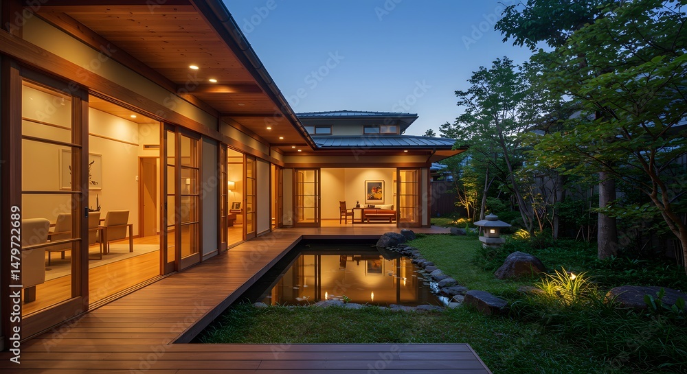 Fototapeta premium The twilight view of a modern house with a pond reflects the house's beauty.