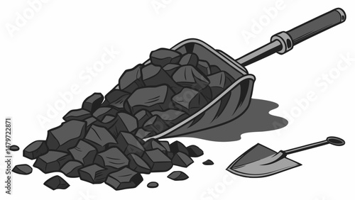 Vector shovel filled with black coal is depicted, showcasing texture and shape of coal pieces. image conveys sense of industrial work