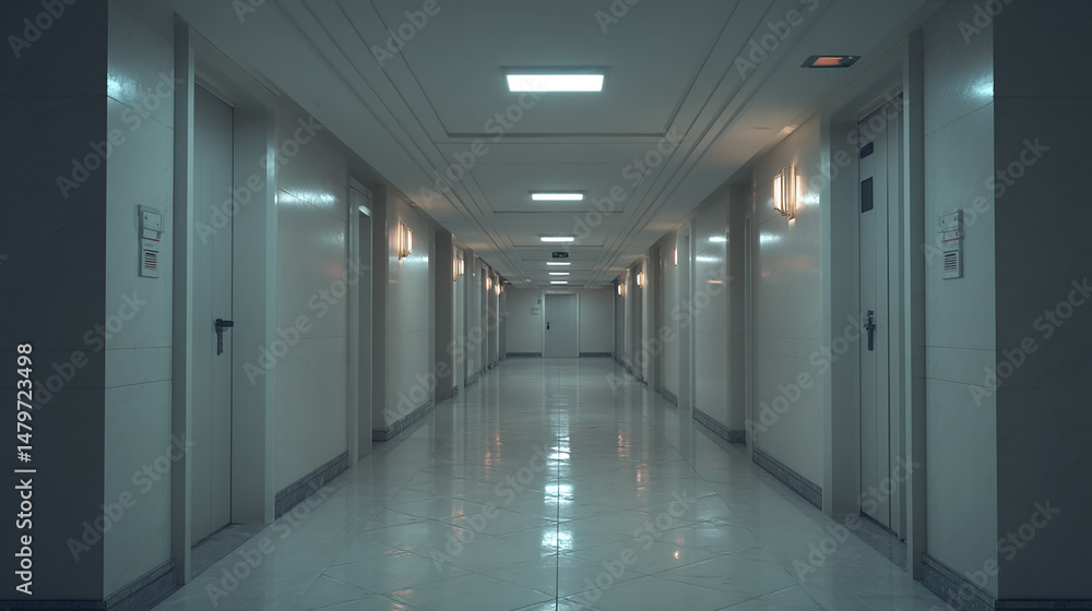 Long empty hallway with closed doors and dim lighting creating a mysterious atmosphere Long empty hallway with closed doors and dim lighting creating a mysterious atmosphere