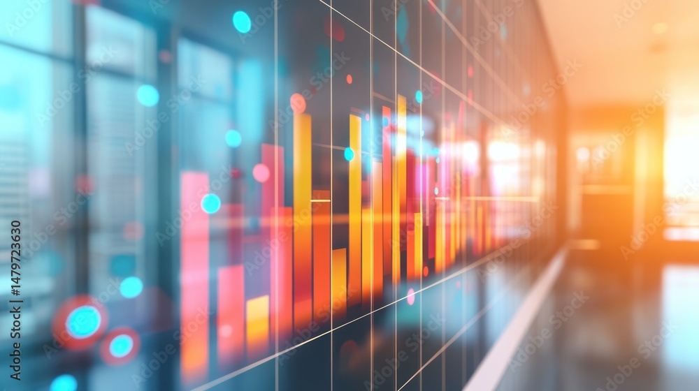 Fototapeta premium Colorful data visualization displayed on a large screen in a modern office setting. Graphs and charts illustrate data trends