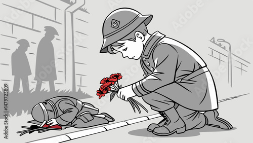 Vector young boy kneels on street, holding flowers, in somber tribute to fallen soldier. scene conveys deep emotion and remembrance