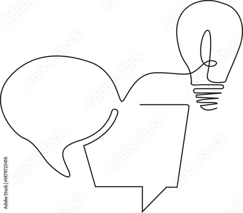 One continuous line drawing of speech bubble with light bulb. Creative idea and help dialogue frame concept in simple linear style. Brainstorm and info message symbol, vector Illustration.