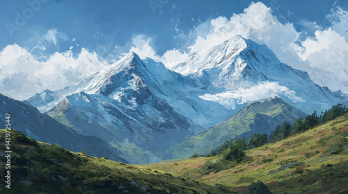 Oil painting depicting majestic snowy mountains lush green fields and fluffy white clouds