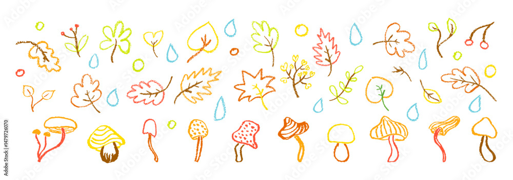 Obraz premium Colorful crayon autumn vector set with leaves, mushrooms, forest berry and raindrops perfect for children, kindergarten crafts, back to school seasonal designs and educational materials.