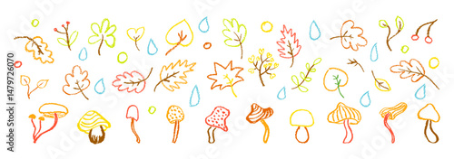 Colorful crayon autumn vector set with leaves, mushrooms, forest berry and raindrops perfect for children, kindergarten crafts, back to school seasonal designs and educational materials.