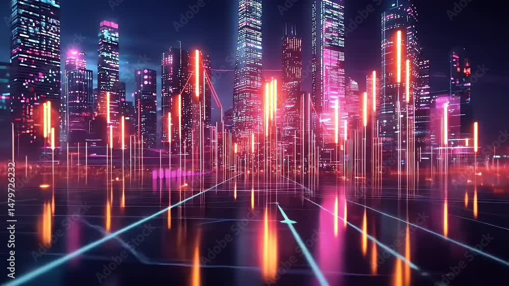 Futuristic Cityscape at Night with Neon Lights and Glowing Lines Futuristic Cityscape at Night with Neon Lights and Glowing Lines