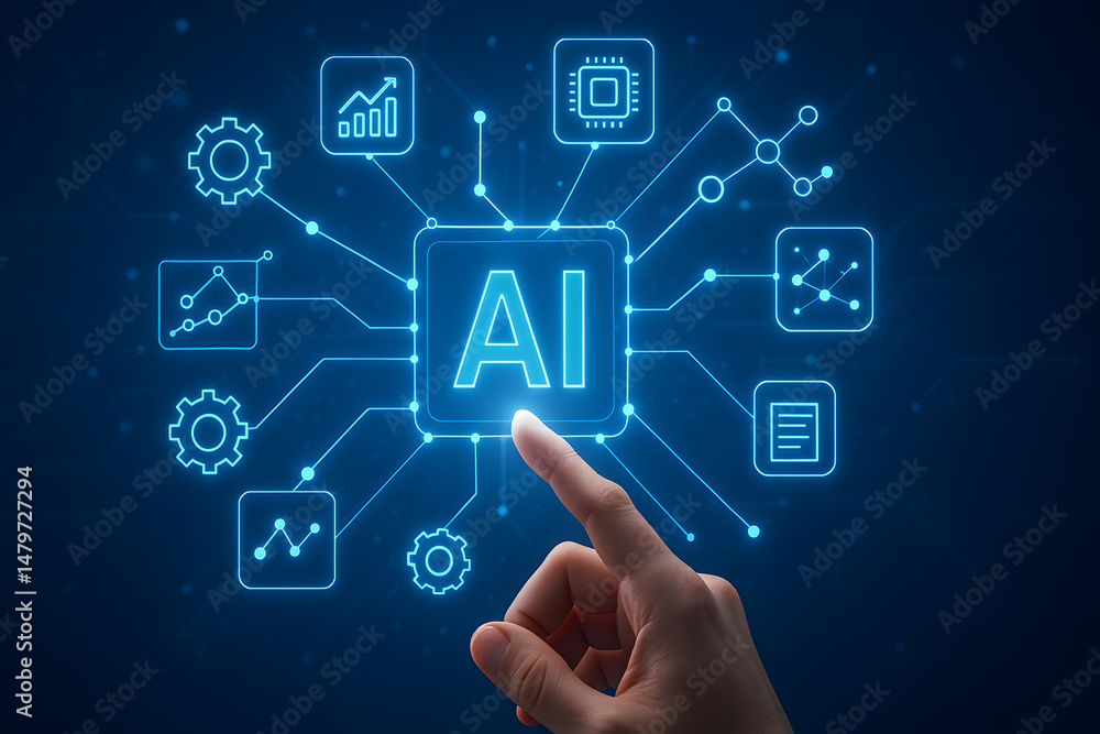 A hand interacts with a futuristic AI interface showcasing data analysis, technology, and innovation through interconnected nodes and symbols representing processing and algorithms. A hand interacts with a futuristic AI interface showcasing data analysis, technology, and innovation through interconnected nodes and symbols representing processing and algorithms.