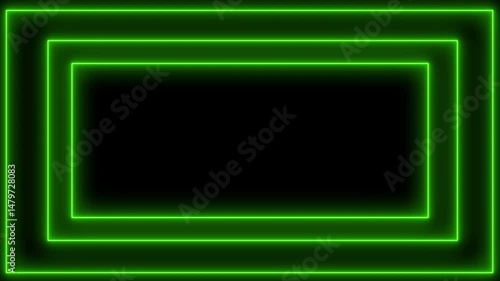 Green neon concentric rectangles title holder on black . Abstract background or design element.