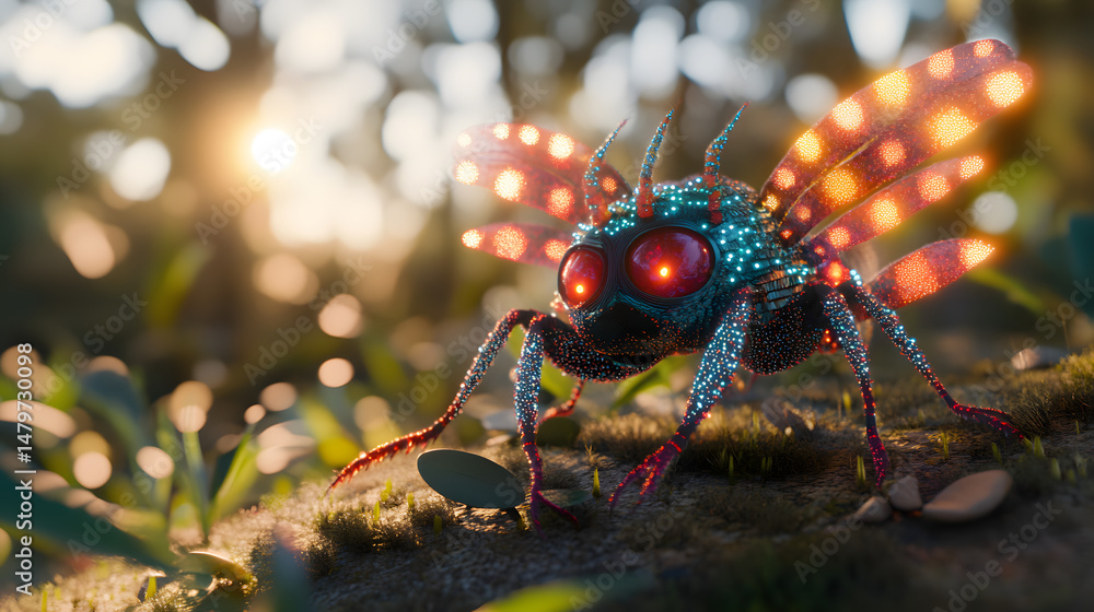 Fototapeta premium A vibrant, glowing insect with luminous wings and red eyes perched on a mossy surface in a sunlit forest setting