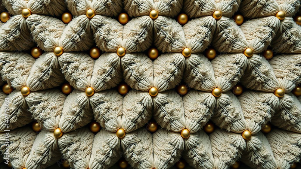 Fototapeta premium Close-Up Texture of Plush Soft Rope Furniture with Golden Decorative Spheres,Background