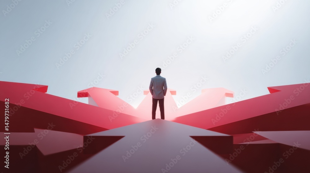 Man standing at a crossroads of red arrows representing decision making in a modern, abstract setting Man standing at a crossroads of red arrows representing decision making in a modern, abstract setting
