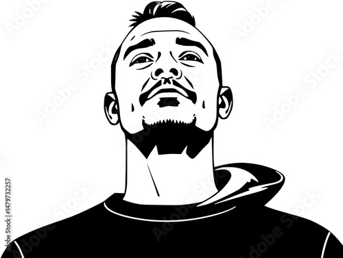 Monochrome Portrait of a Man with a Hoodie Looking Up
