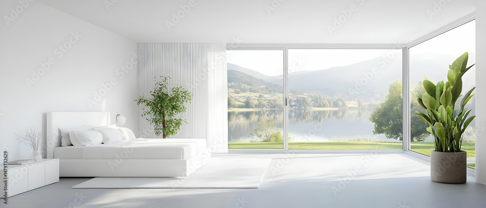 Fototapeta premium Modern Minimalist White Bedroom With Lake View
