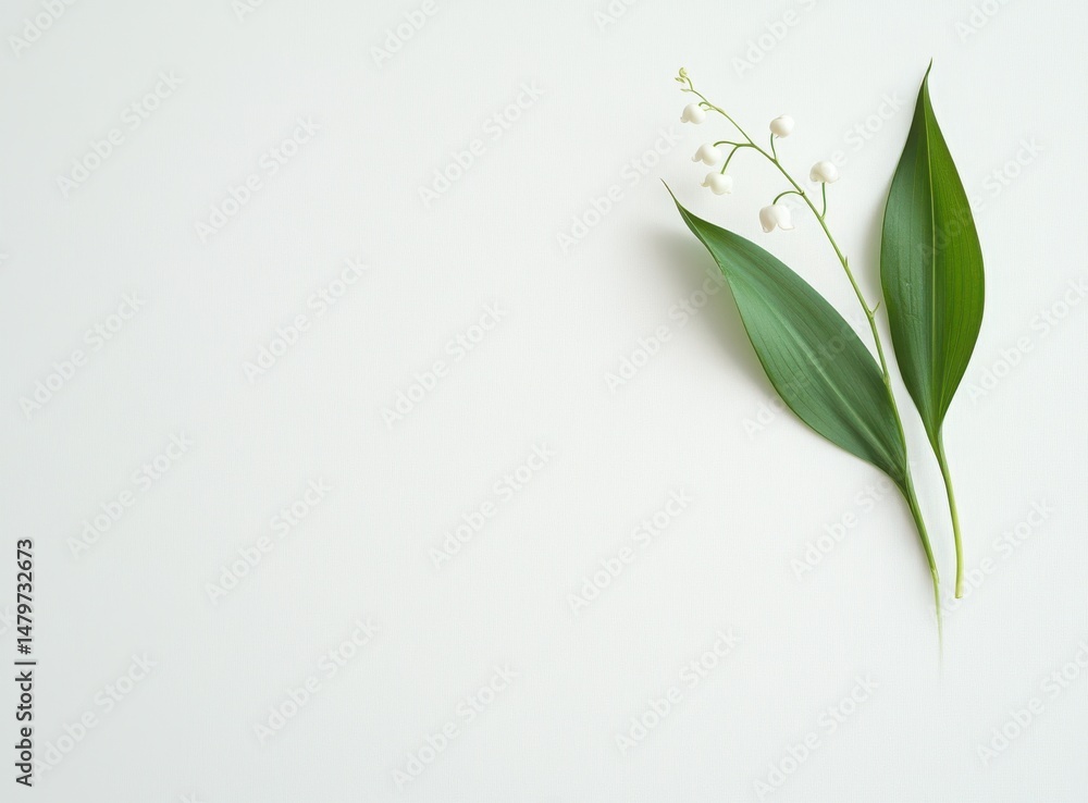 Fototapeta premium lily of the valley flowers and green leaves on white background, spring flat lay with copy space