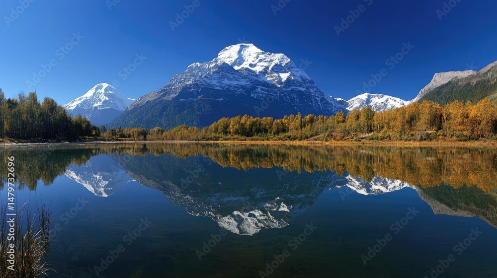 Obraz premium Majestic mountains reflected in a serene autumn lake.