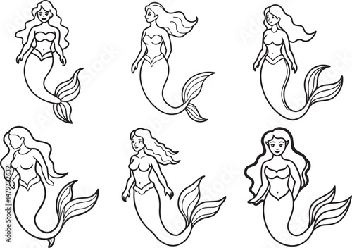 Set of Mermaid  outline vector illustration line art	