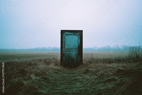An old, weathered door stands isolated in a misty field, evoking mystery and inviting the imagination to wander beyond.