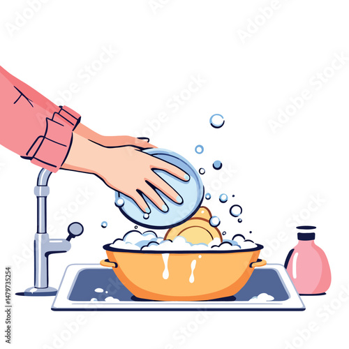 Vsai housewife washing dishes in kitchen sink with soap and water