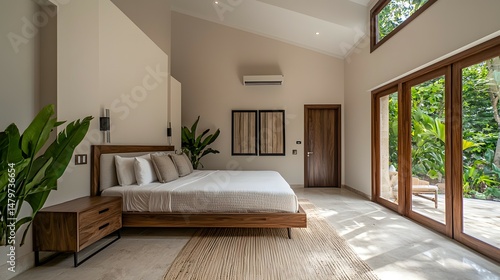 Modern Bedroom Interior with Teak Furniture, Brass Accents, Bamboo Panels, and Wood-White Wall Design