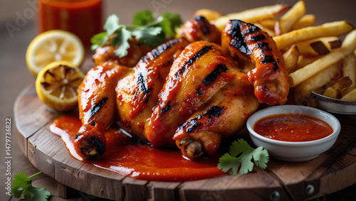 Bold Peri-Peri chicken with charred crust, rich red sauce, and golden fries. Warm lighting enhances flavor. Perfect for grilled meat menu, spicy food, and ads.