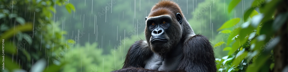 Obraz premium A silverback gorilla sitting calmly under a tropical downpour amidst lush green jungle, symbolizing resilience and strength.