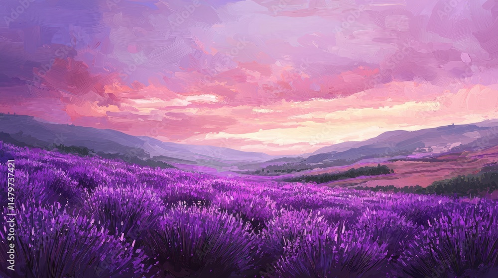Purple lavender field at sunrise over a valley. Purple lavender field at sunrise over a valley.