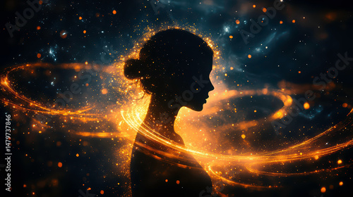 Divine Feminine With Silhouette In Cosmic Amber Light
