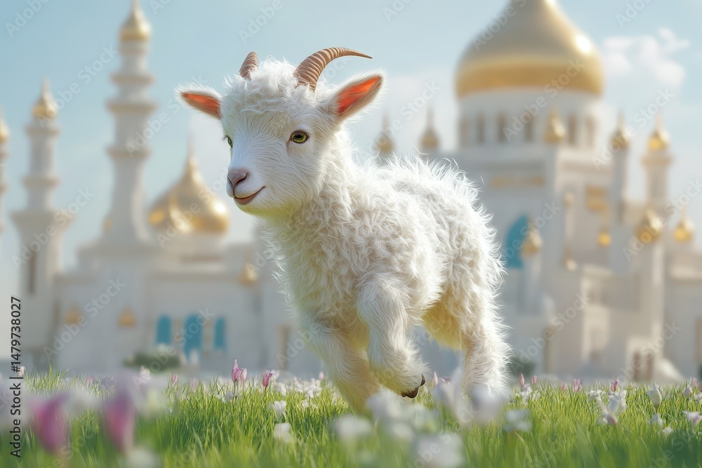 Obraz premium A fluffy kid goat runs in a grassy field near a grand building.
