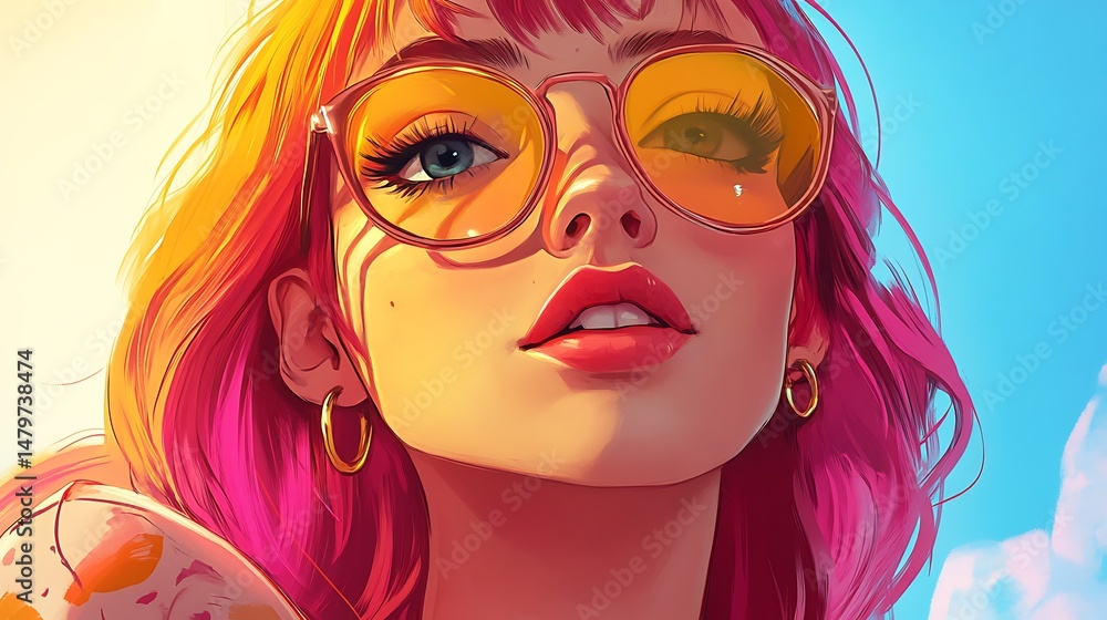 Obraz premium Stylish woman with pink hair and yellow glasses gazing into the summer sun.