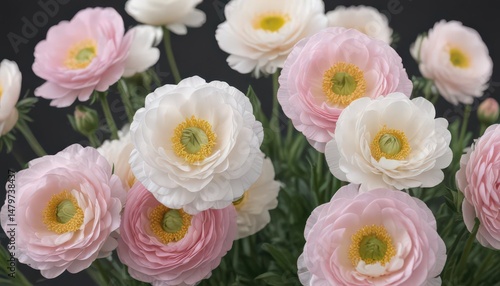 Delicate pink & white ranunculus blossoms, close-up , soft, vibrant, petals