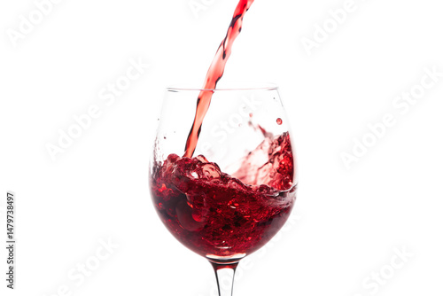 A close up shot of red wine being poured into a clear glass on a black background creating a splash