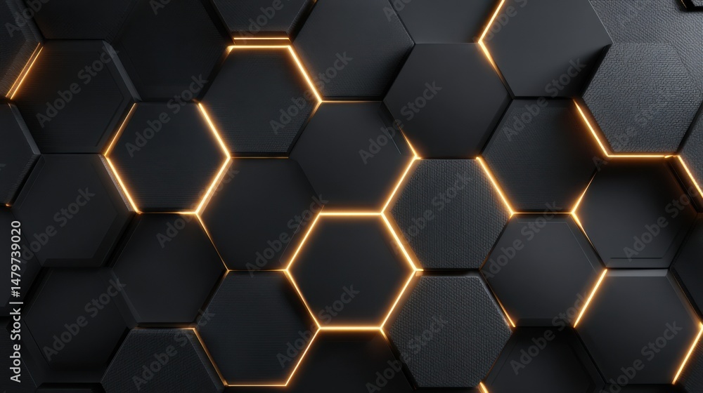 Hexagonal pattern with glowing edges creating a modern, sleek background design for various creative projects Hexagonal pattern with glowing edges creating a modern, sleek background design for various creative projects